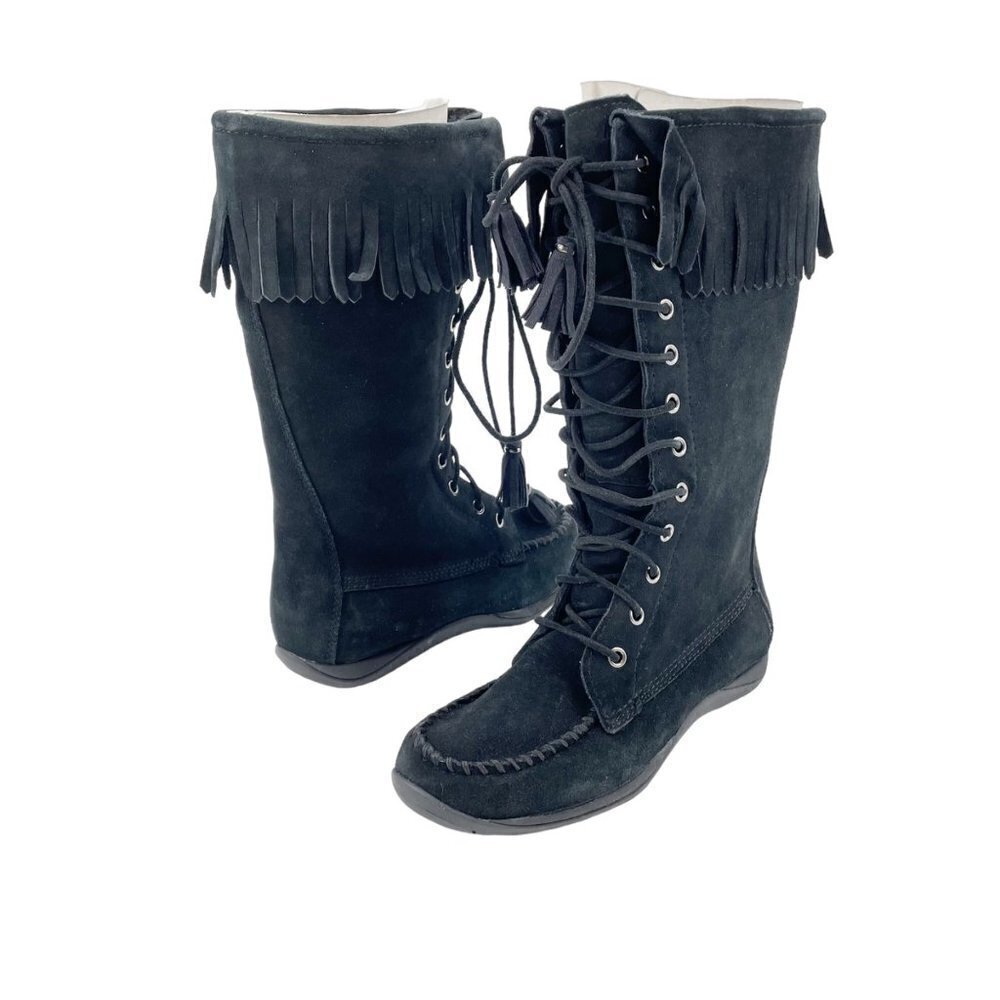 NWOB L.L. Bean Black Suede Fringe Fur Lined Lace-Up Boots Womens Size 6 Winter